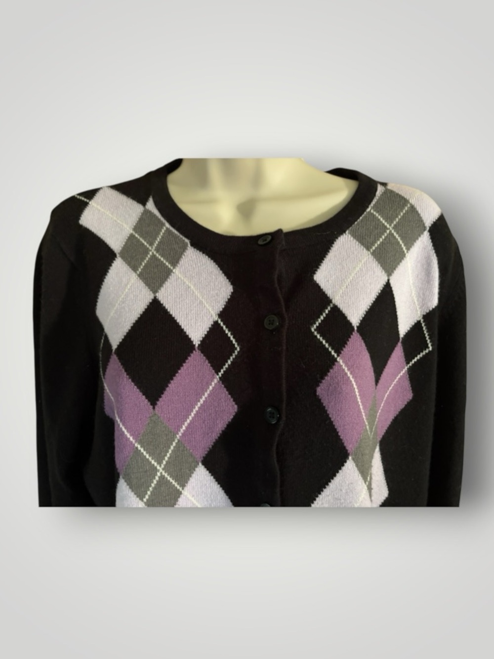 Black Lavender Gray Argyle Lightweight Button Down Cardigan Sweater Career XL - Picture 2 of 7